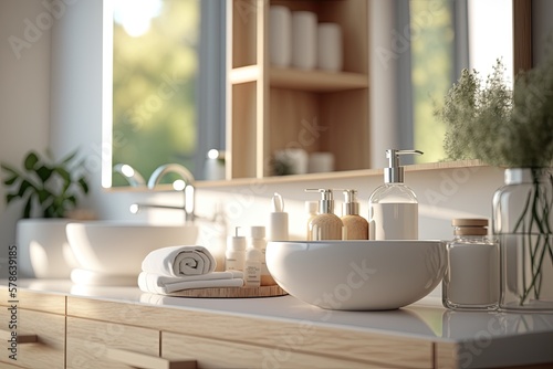 Display, advertising, and promotion idea shot of a luxury modern bathroom with a blurred white wood countertop in the front, taken in the morning. Generative AI