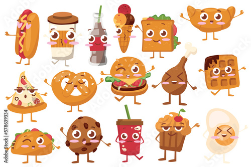 Fast food emotions set concept without people scene in the flat cartoon style. Images of cute pictures with a fast food. Vector illustration.