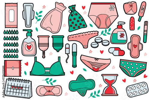 Female reproductive system set icons concept without people scene in the flat cartoon style. Elements of feminine hygiene needed to maintain health. Vector illustration.