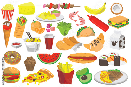Food and dishes set concept without people scene in the flat cartoon style. Image of various harmful and healthy dishes. Vector illustration.
