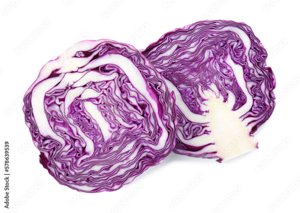 Obraz premium Halves of radicchio fresh cabbage on white background, top view