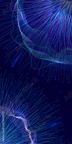 Abstract image of neural connections on blue background. Technological background for a design on the theme of artificial intelligence  big date  neural connections. Mobile phone wallpaper. Copy space