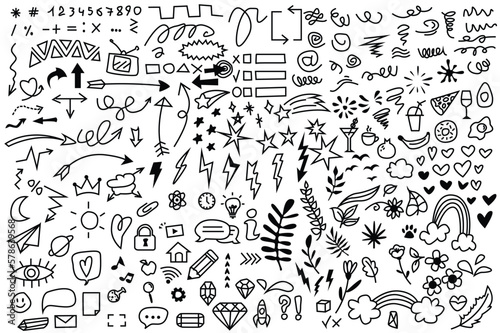 Hand-drawn doodle elements set icons concept without people scene in the flat cartoon style. Image of various drawn elements. Vector illustration.