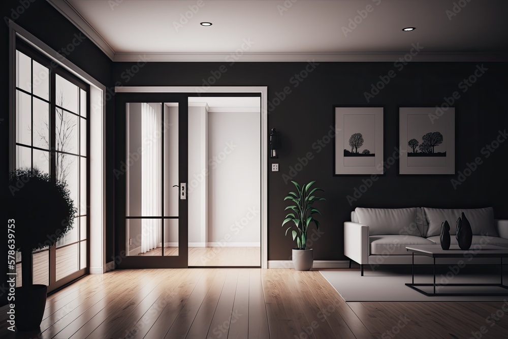 Fototapeta premium depiction of a dark and empty living room with a white wall and a wooden floor and a sliding glass door. Remodel, Purchase a New Home, Obtain a Home Loan, Purchase Real Estate, Create a Mockup of Your