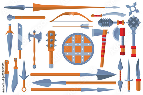 Medieval weapon set icons concept without people scene in the flat cartoon style. Images of weapon used by knights in ancient times. Vector illustration.