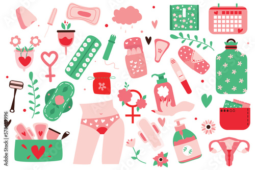 Menstruation stickers set set icons concept without people scene in the flat cartoon design. Image of feminine hygiene items needed during menstruation. Vector illustration.