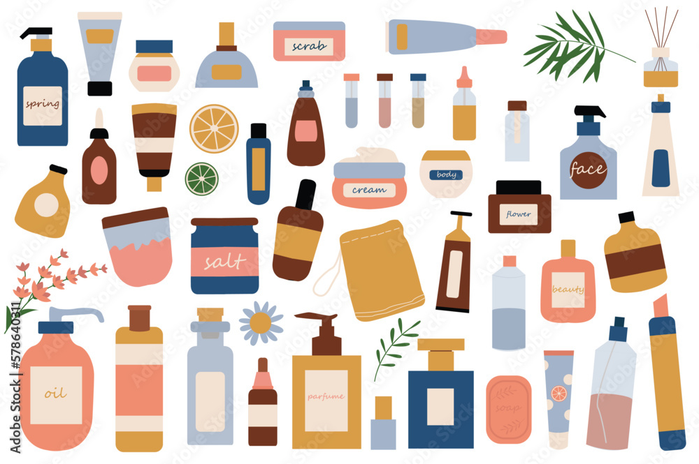 Set of colorful bottles icons concept without people scene in the flat cartoon style. Images of cosmetic bottles of different colors and shapes. Vector illustration. Set of colorful bottles icons concept without people scene in the flat cartoon style. Images of cosmetic bottles of different colors and shapes. Vector illustration.