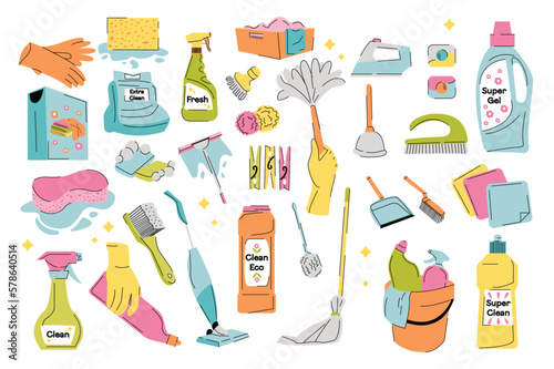Tools for cleaning set icons concept without people scene in the flat cartoon design. Tools and instruments for quick and high quality cleaning. Vector illustration.