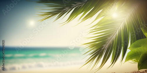 Generative AI illustration of palm leaves on seashore in sunlight