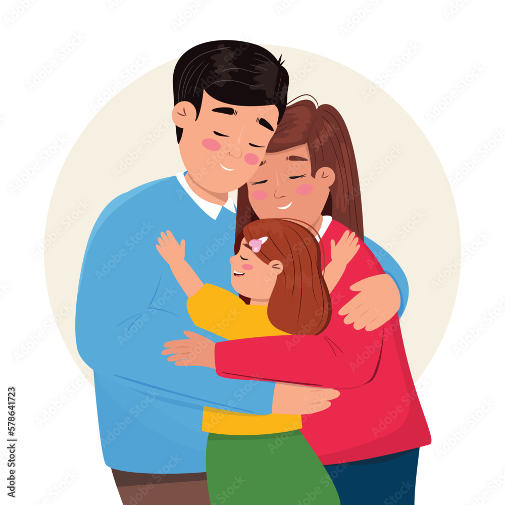 Illustration of a mother, father and child hugging together. Happy family concept illustration.