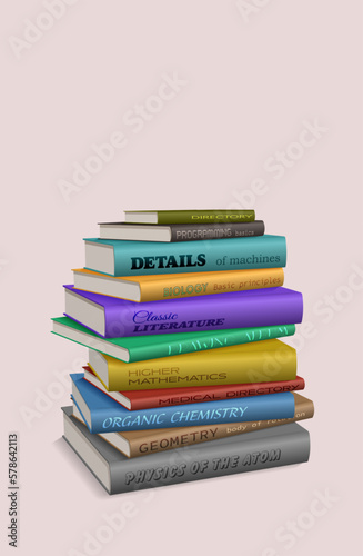 Library of technical literature. Vector illustration of a pile of books lying on the table. Sketch for creativity.