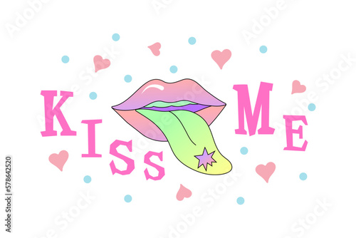 Kiss Me text and lips with tongue isolated on background. Vector illustration.