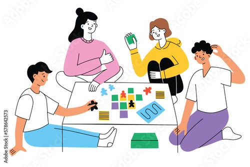 Family playing board game hand drawn composition, Adults and children having fun together. Leisure activity and hobby at home. Doodle icons of tabletop game, tiles and mascots. Vector illustration