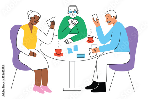 Senior friends playing board game with cards. Cartoon characters around the table drinking coffee and talking. Leisure activity and hobby in retirement home, club for elderly. Hand drawn composition