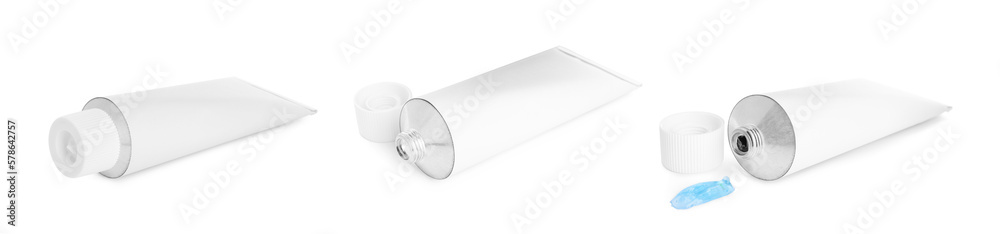 Collage with tube of ointment on white background Collage with tube of ointment on white background