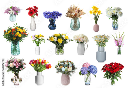Collage with many beautiful bouquets and flowers in different vases on white background photo