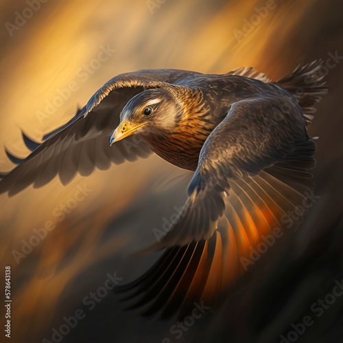 Pássaro em voo o movimento das asas do pássaro congelado, luz natural, hora dourada, cores quentes do céu. Generative AI