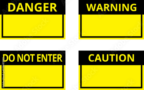 Various black and yellow warning signs with diagonal lines. Attention, danger or caution sign, warning banner, road shield.