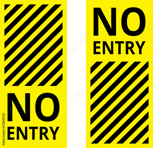 Various black and yellow warning signs with diagonal lines. Attention, danger or caution sign, warning banner, road shield.