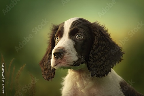 Welch springer spaniel puppy against a green background at dusk. Generative AI photo