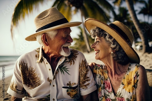 A man and a woman in their 60s are relaxing on the seashore near the palm tree, looking at each other and smiling. Good pension. Happy older people. Generative AI.