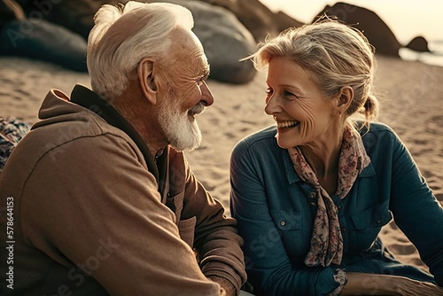 A man and a woman in their 60s are relaxing on the seashore near the palm tree, looking at each other and smiling. A carefree old age. Generative AI.