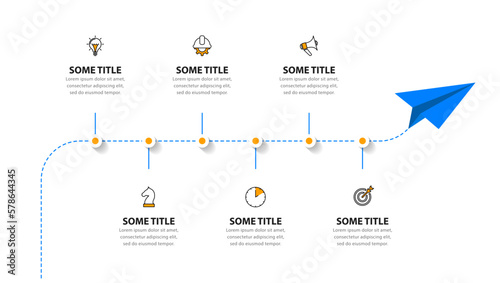 Infographic template. Paper plane with line and 6 steps