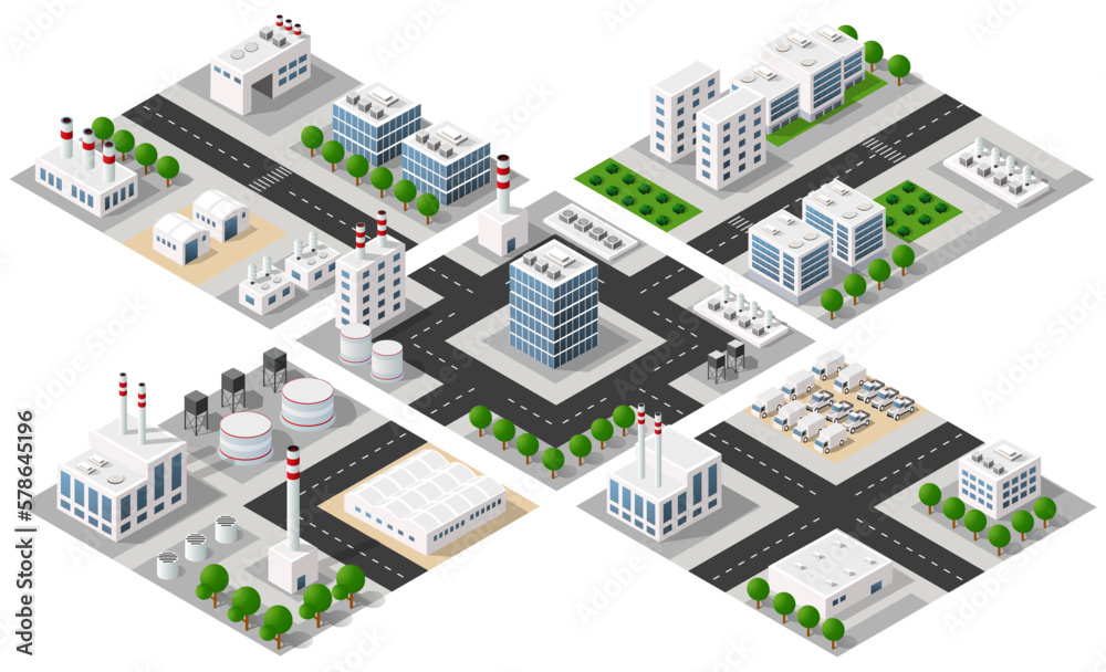 City urban area map Isometric factory industrial zone 3D illustration