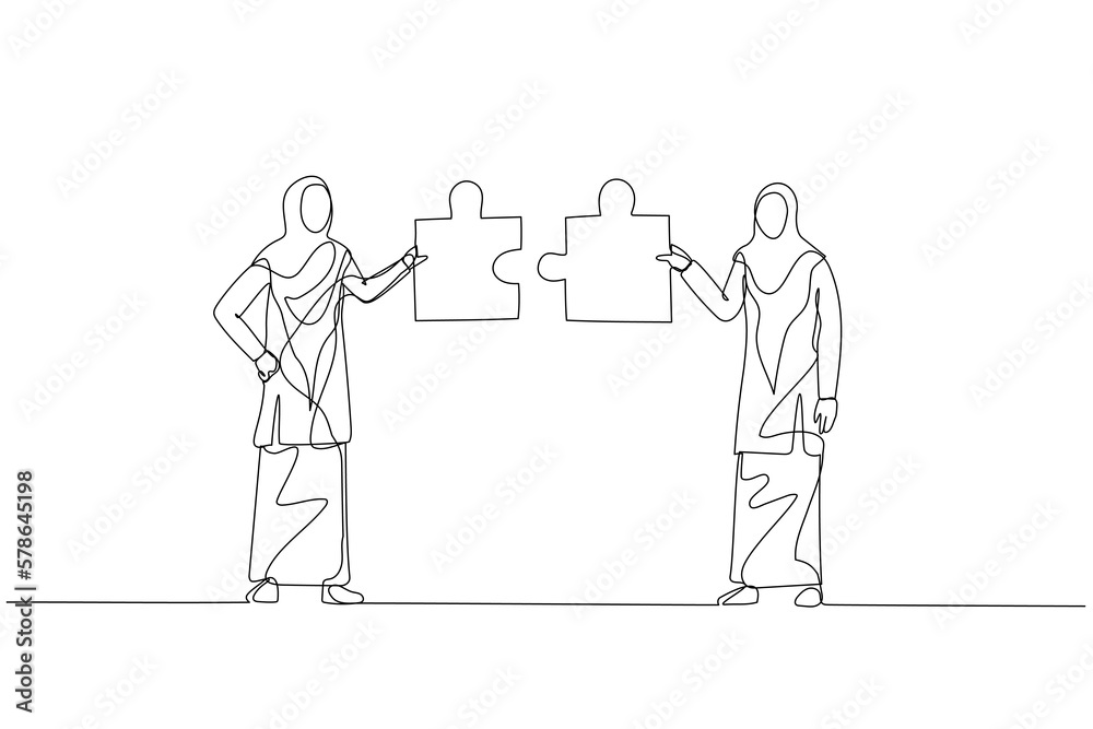 Illustration of muslim woman with friend connecting the puzzle. Concept of networking. One continuous line art style Illustration of muslim woman with friend connecting the puzzle. Concept of networking. One continuous line art style