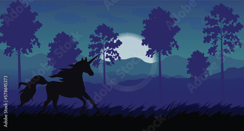 A magical Unicorn silhouetted against the Moon.