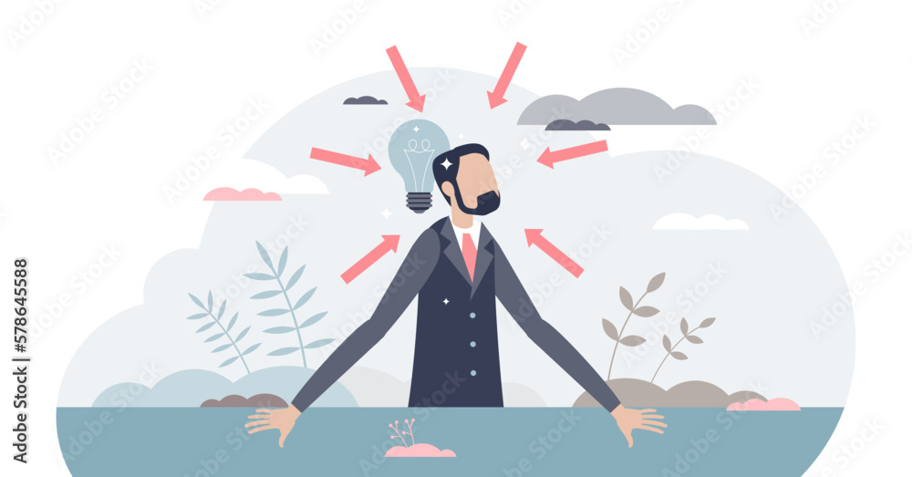 Concentration and focused mental energy for business goal tiny person concept, transparent background. Mind energy productivity and control with effective moment awareness process illustration. - obrazy, fototapety, plakaty 
