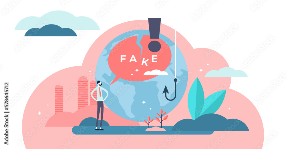 Fake illustration, transparent background. Flat tiny false and cheat information persons concept. Lack of honesty and trust situation with fabrication, disinformation and propaganda method. - obrazy, fototapety, plakaty 