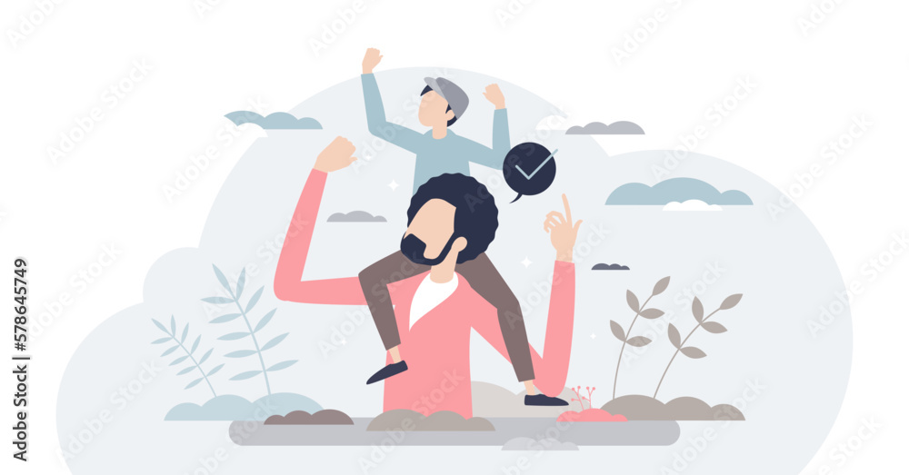 Healthy child and happy kid sitting on fathers shoulders tiny person concept, transparent background. Quality time together with parents as active and cheerful childhood illustration.