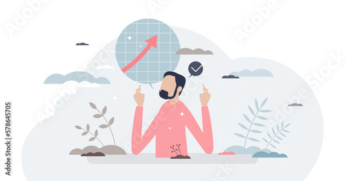 Expectations as high hope and belief for future progress tiny person concept, transparent background. Evaluate success or development with positive imagination illustration. Forecast or anticipation.