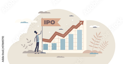 IPO as initial public offering and stock market shares tiny person concept, transparent background. Increased company trade value and successful investment illustration.