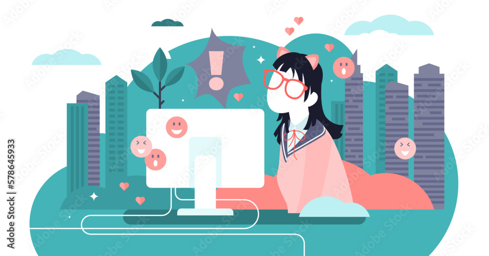 Otaku illustration, transparent background. Flat tiny anime, emoji or manga hobby person concept. Obsessive asian comic hobby character with naive nerd or geek costume. Addictive social subculture. - obrazy, fototapety, plakaty 