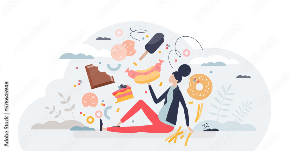 Overeating and unhealthy lifestyle with sweets eating tiny person concept, transparent background. Overweight illness and female with big belly, diabetes and high BMI illustration.
