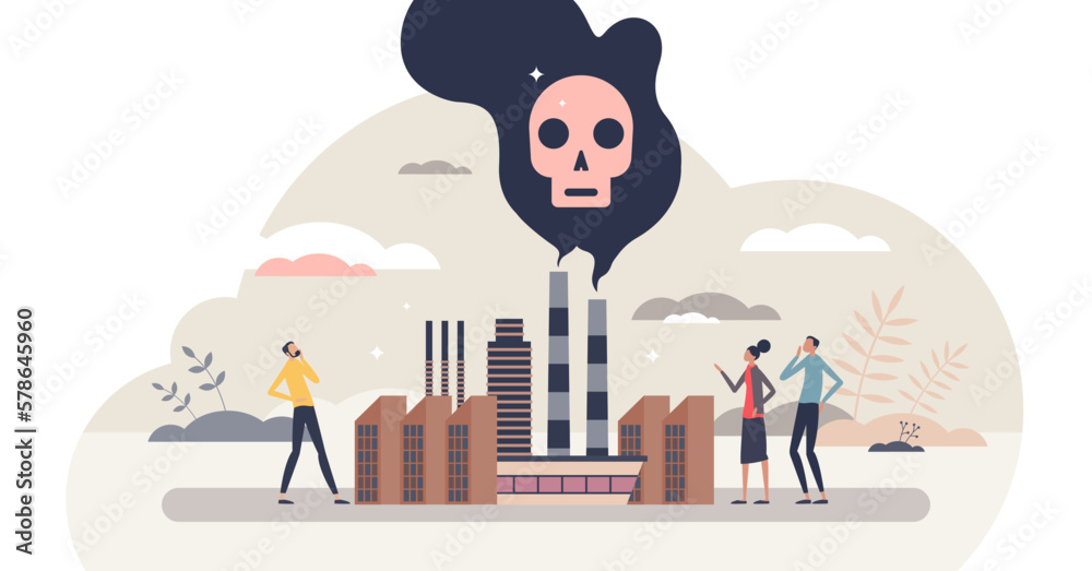 Pollution as air damaging with factory fumes and CO2 tiny person concept, transparent background. Emission cloud from industrial manufacturing as toxic and environmental contamination illustration.