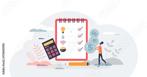 Monthly expenses calculation with bills payment sum tiny person concept, transparent background. Budget management with financial tax, electricity, community expenses and food illustration.
