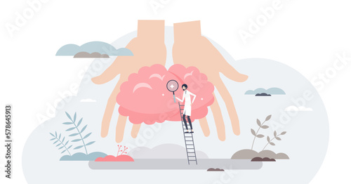Neurosurgery doctor as brain and head health specialist tiny person concept, transparent background. Patient medical examination with MRI scan.