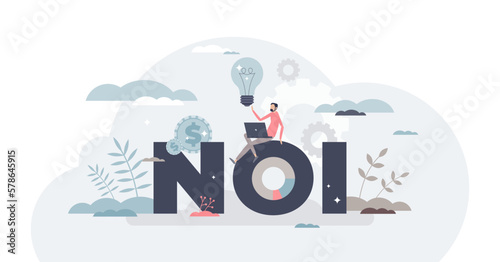 NOI or net operating income as calculation for real estate profitability of investment tiny person concept, transparent background. Housing profit analysis.