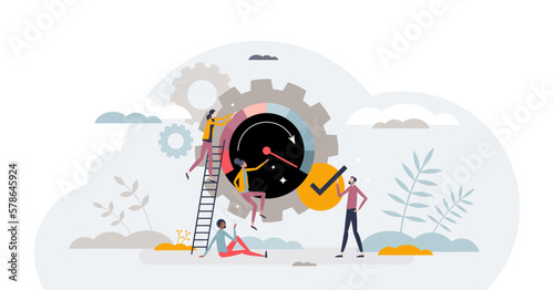 Optimization and business performance process improvement with adjustments tiny person concept, transparent background. Effective and productive gear work.