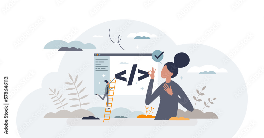 App development and application programming process tiny person concept, transparent background. Coding work for website optimization or software creation illustration. Digital page construction.