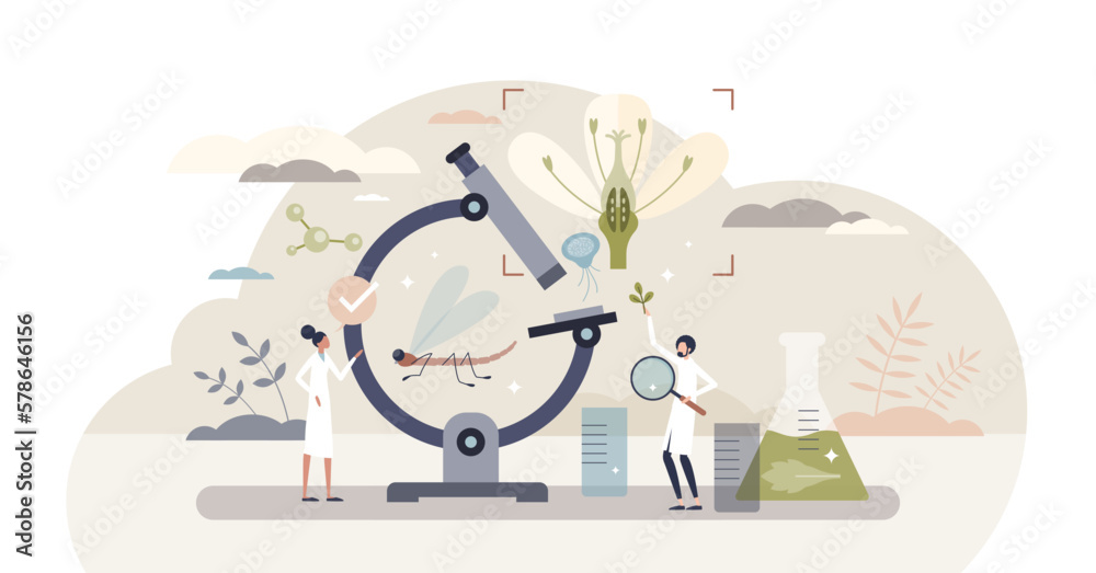 Biology as science branch for environment and science tiny person concept, transparent background. Nature exploration with microscope and laboratory equipment illustration.