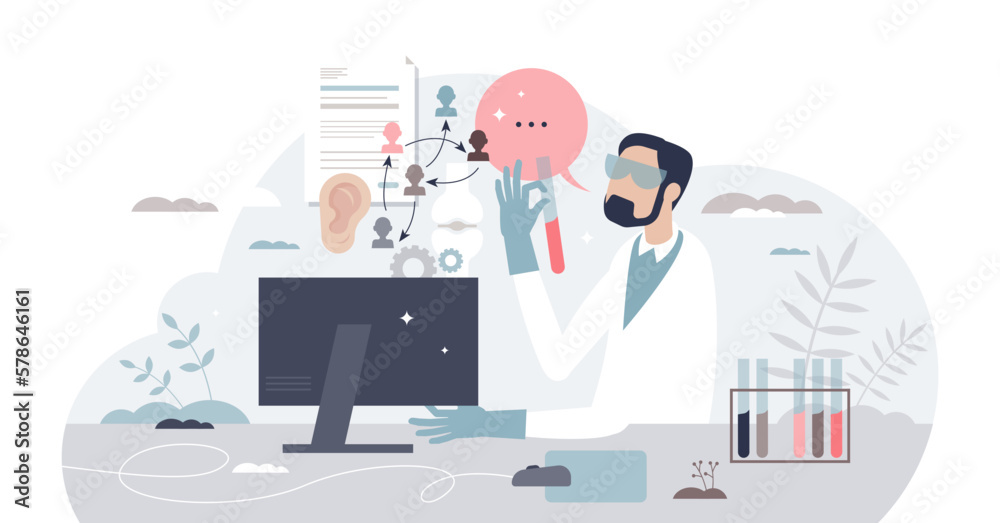 Biomedical engineering as biology and medicine science tiny person concept, transparent background. Test samples research for genetic pharmacy development illustration. Microbiology gene testing.