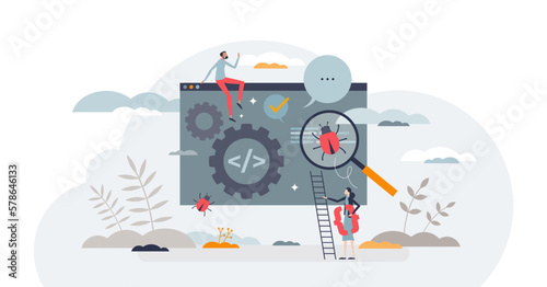 Automated software test for effective website development tiny person concept, transparent background. Bug catching and error checking with artificial intelligence automation illustration.
