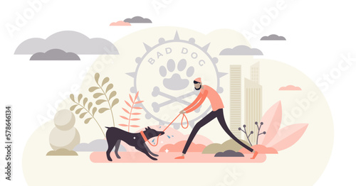 Bad dog behavior fixing and daily training routine, flat tiny person illustration, transparent background. Lack of discipline and owner authority issue. Dealing with angry.