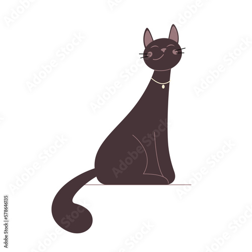 Funny cartoon pleased cat sitting. Cute domestic animal. Vector illustration with a nice pet isolated on a white background.