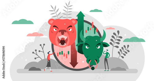 Bears vs bulls illustration, transparent background. Stock market flat tiny persons concept. Animals compared and fighting as economical trade strategy symbols.
