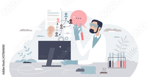 Biomedical engineering as biology and medicine science tiny person concept, transparent background. Test samples research for genetic pharmacy development illustration. Microbiology gene testing.